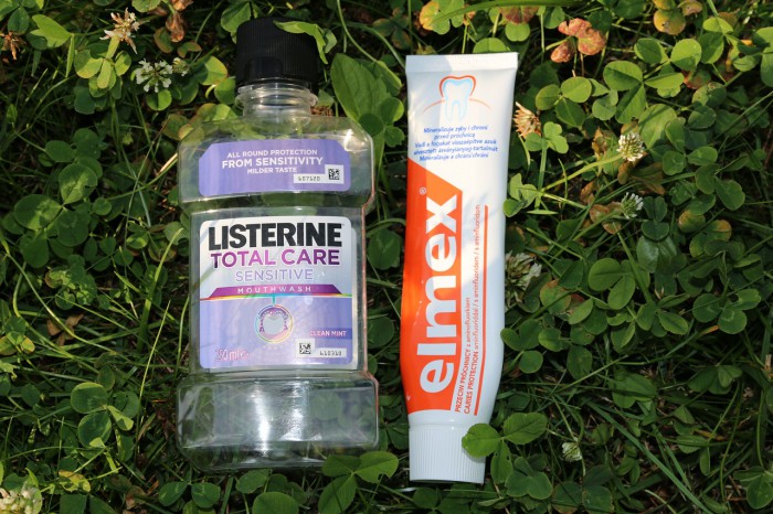 płyn do płukania ust Listerine Total Care Sensitive, pasta do zębów Elmex